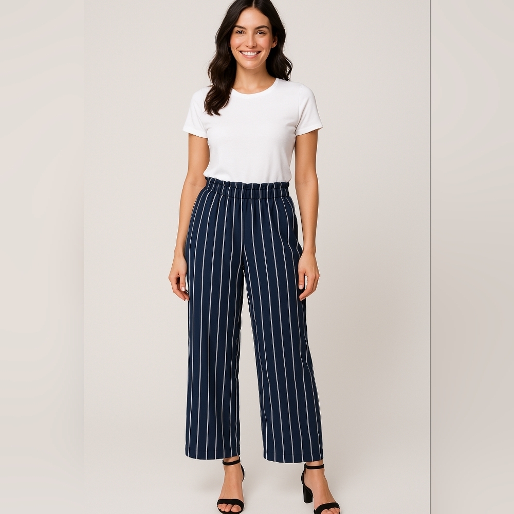 H&M Navy and White Office Siren Wide Leg Pull On Relaxed Striped Pants (#328)‎
